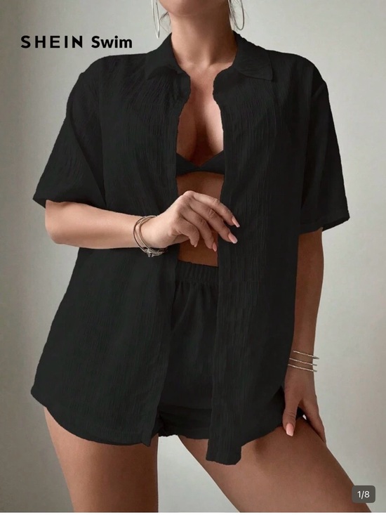 SHEIN Other - SHEIN Black Short Sleeve Swim Coverup Shirt and Shorts Set